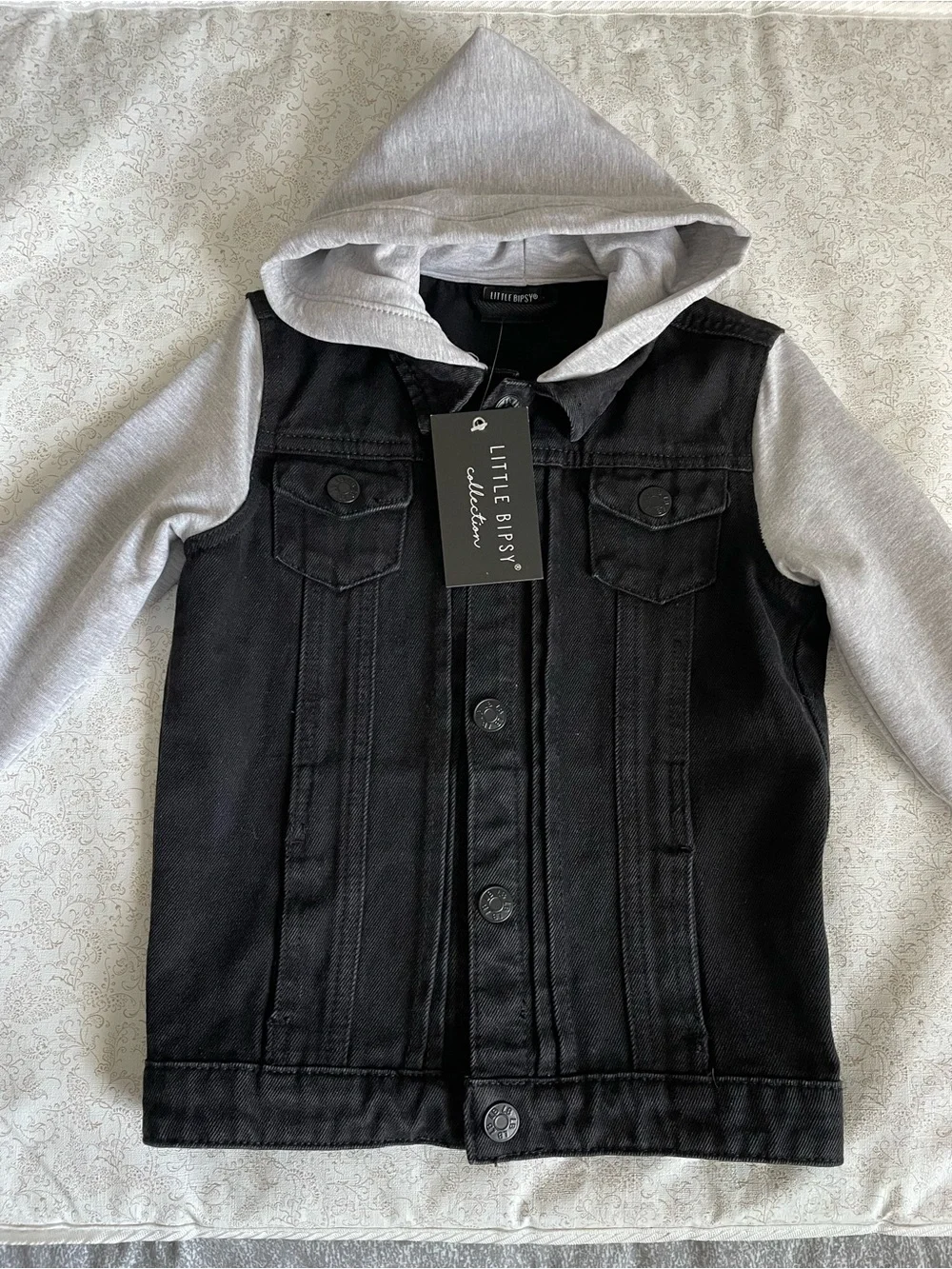 NEW Little Bipsy Kids Hooded Black Denim Jacket With Gray Sleeves Snaps Sz 2T-3T
